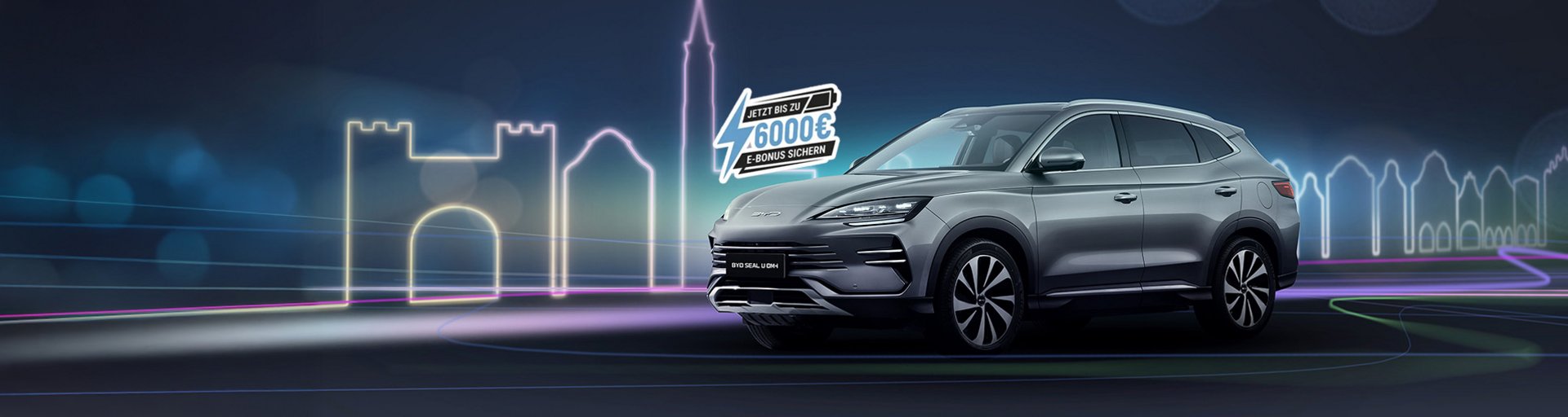 BYD SEAL U DM-i vor illustrierter Silhouette einer Stadt